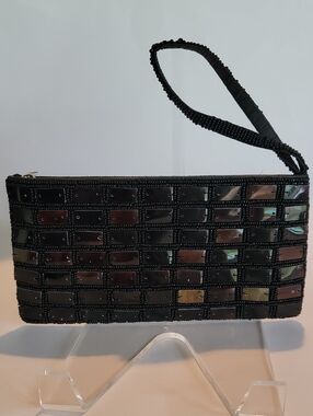 BLACK MOTHER OF PEAR & BEADED EVENING CLUTCH/WRISTLET